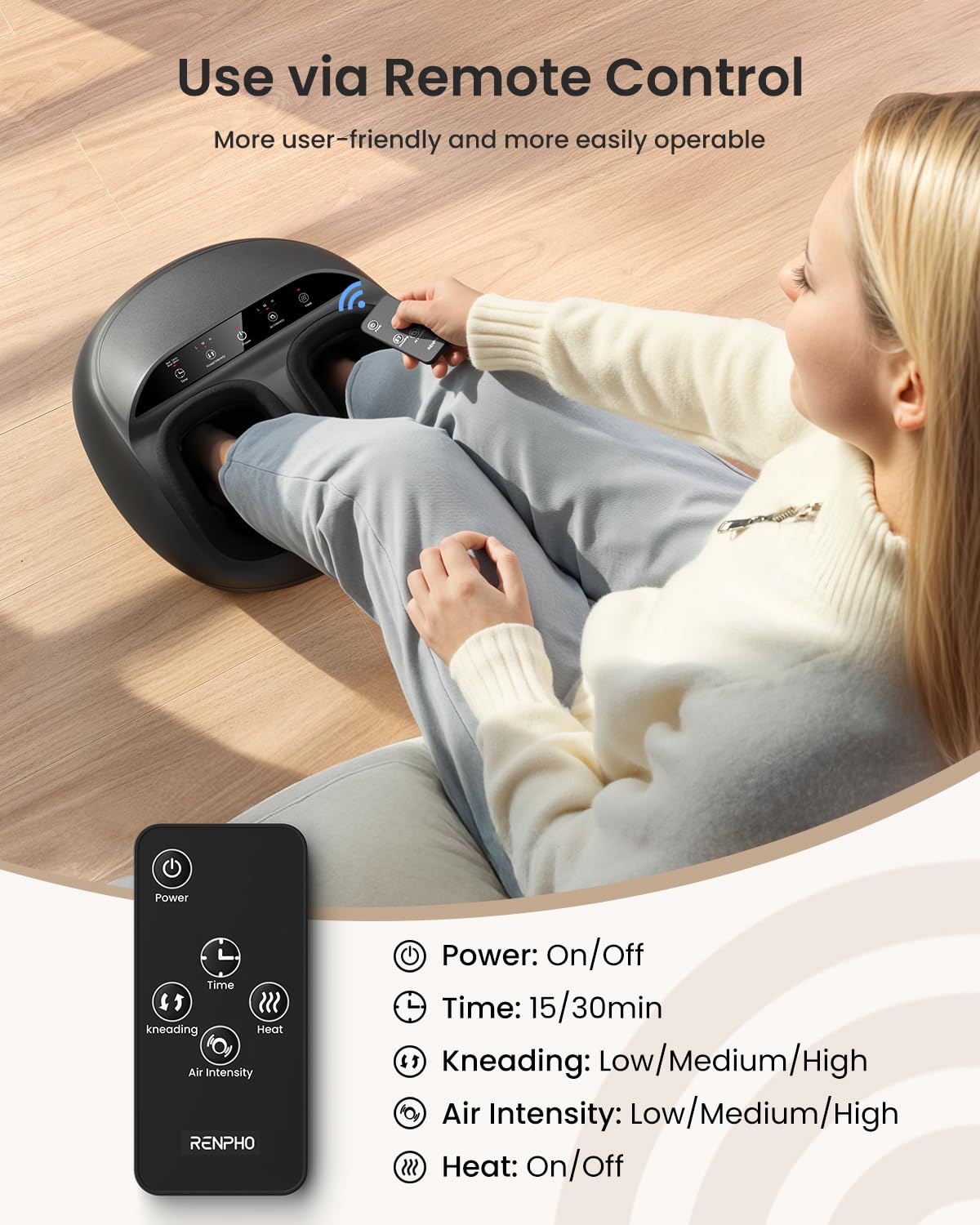 RENPHO Foot Massager for Circulation, Shiatsu Foot Massager with Heat, Deep Kneading Foot Massage for Planter Fasciitis, Neuropathy and Pain Relief, Christmas Gifts for Women Men, Fits Feet up to Men Size 13, Black-Remote