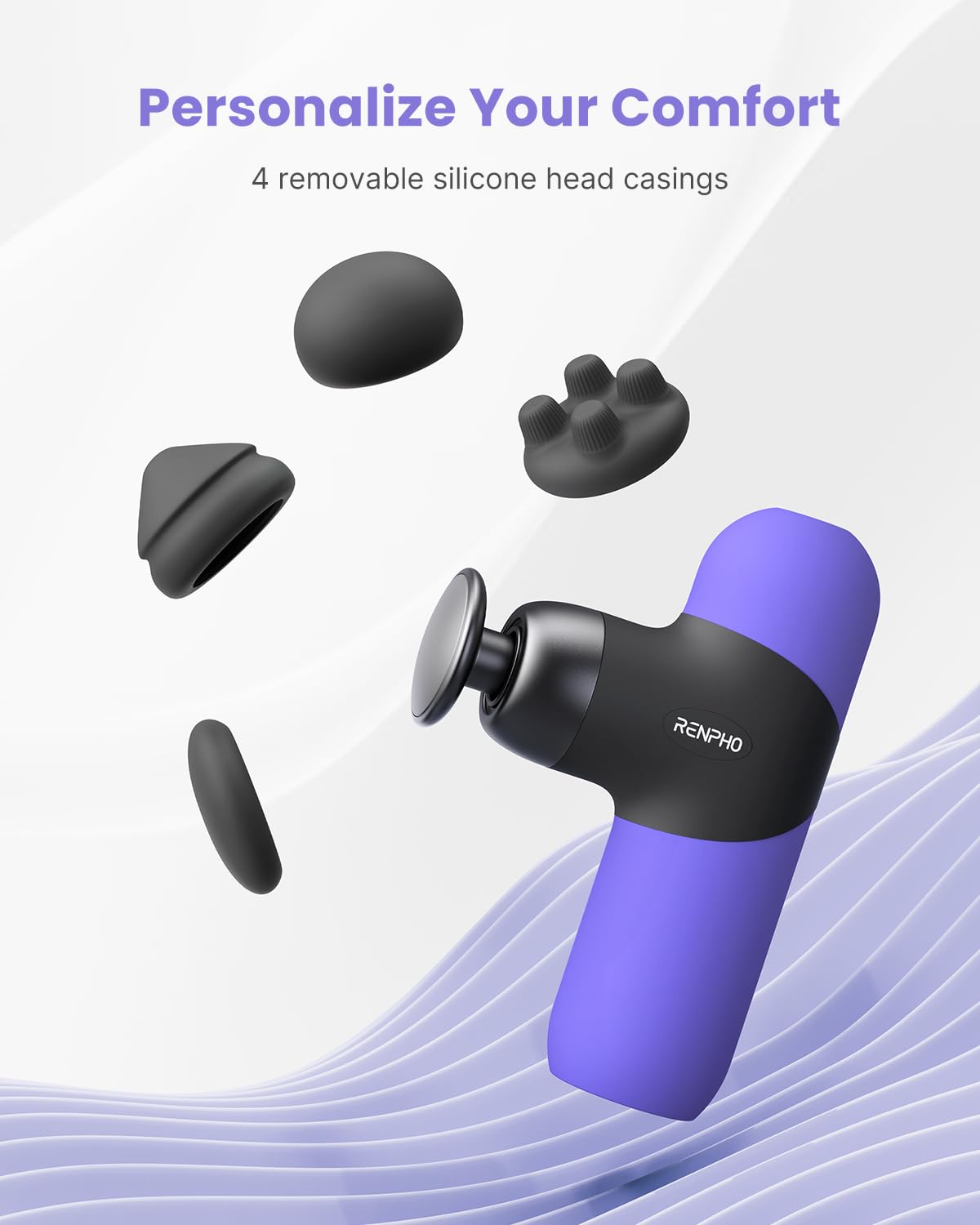 RENPHO Mini Thermal Massage Gun with Heat, Portable Fashion Deep Tissue Percussion Massager, 4 Intensities, 4 Heads, Travel Size with Carry Case, for Athletes, Purple