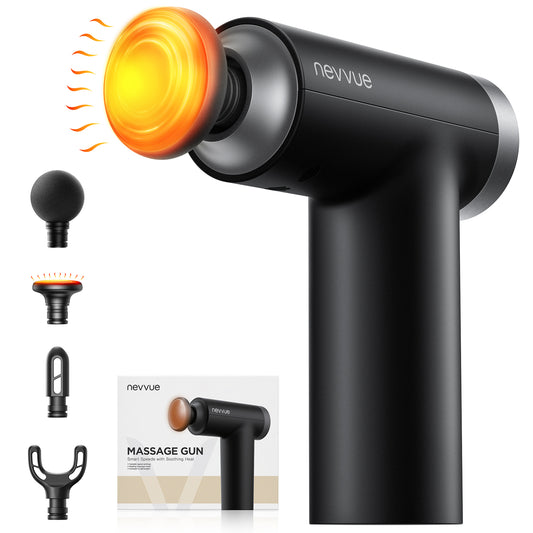 Nevvue Mini Massage Gun with 7+2 Speed Levels & Heat Therapy, Professional Deep Tissue Percussion Massager with 4 Massage Heads, Ultra-Portable for Home & Travel
